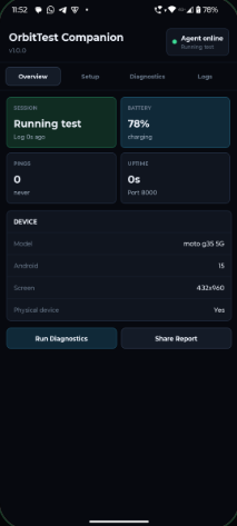 OrbitTest Companion running on Android device