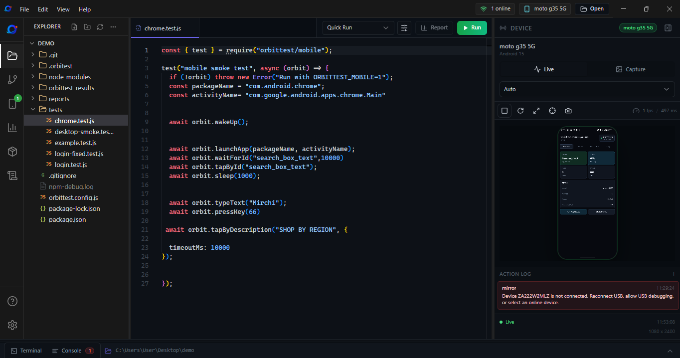 Orbittest Studio — Monaco editor and UI Inspector