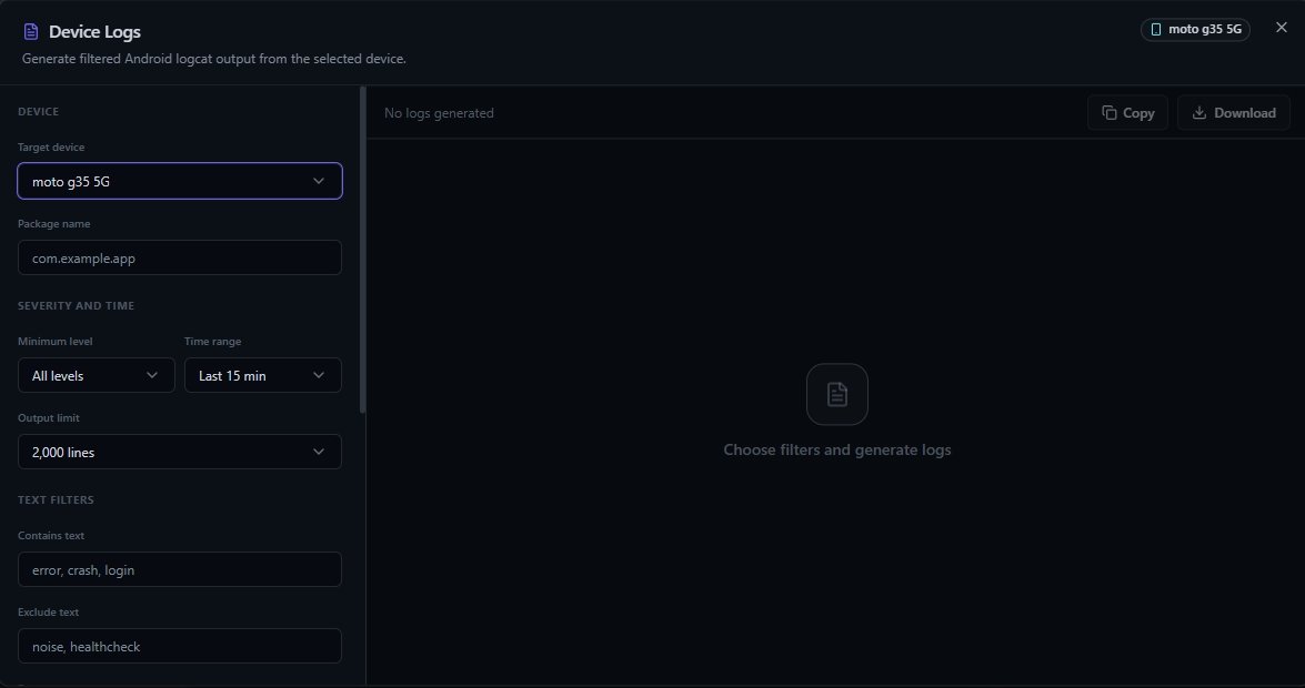 Orbittest Studio — Device Logs modal