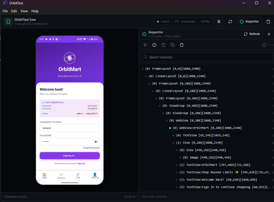 Orbittest Studio — live device mirror