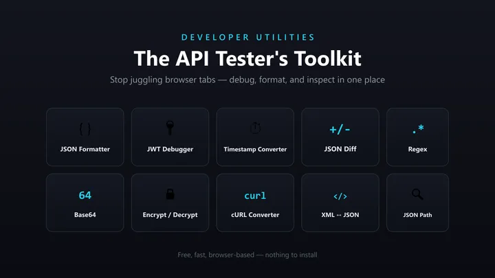 The API tester's toolkit — JSON formatter, JWT debugger, timestamp converter, JSON diff, regex tester, Base64, encrypt/decrypt, cURL converter, XML to JSON and JSON path finder