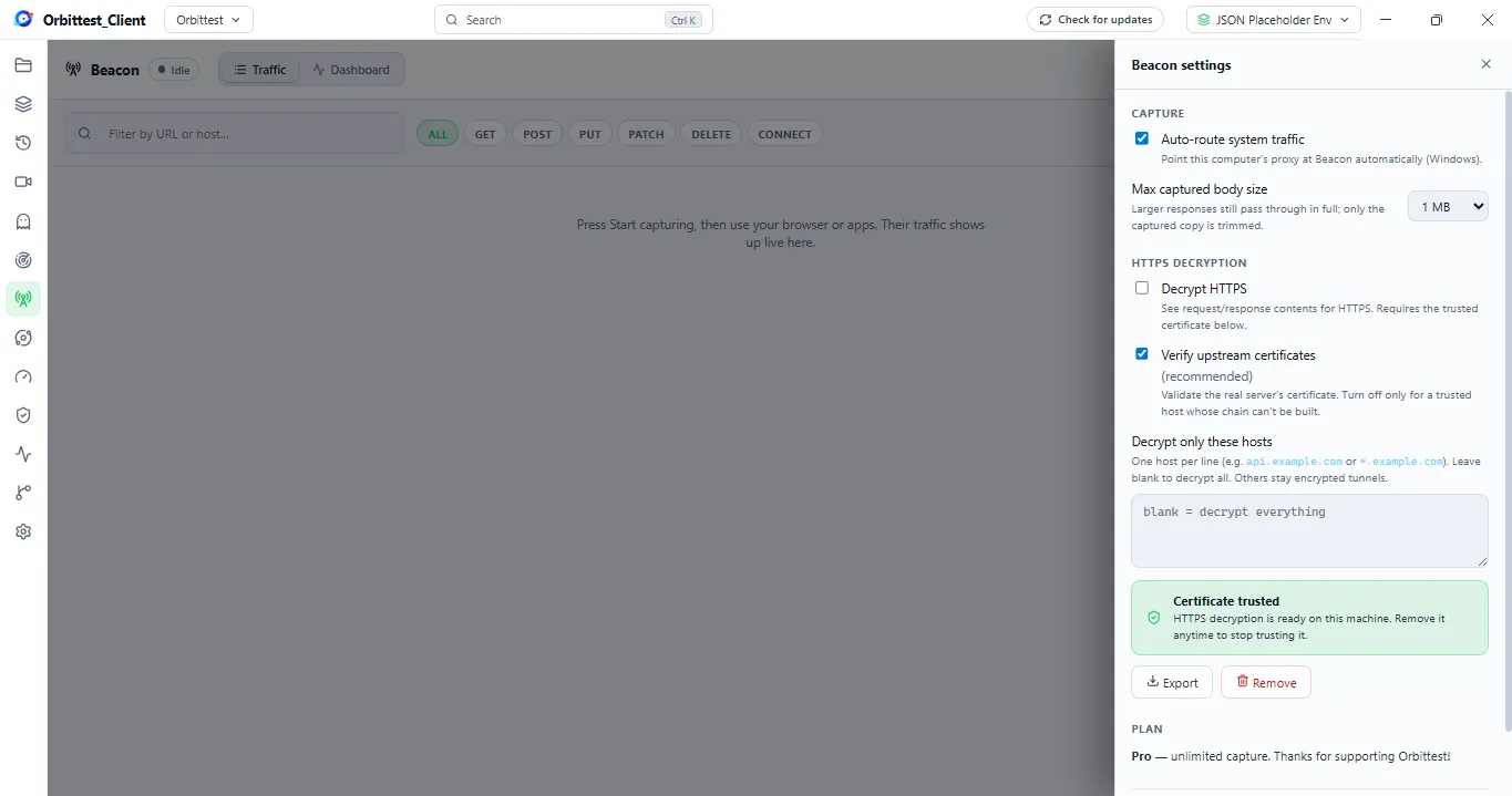 Orbittest Client Beacon settings — Auto-route system traffic, max captured body size, a Decrypt HTTPS toggle, Verify upstream certificates, a Decrypt only these hosts allow-list, and a certificate-trusted confirmation