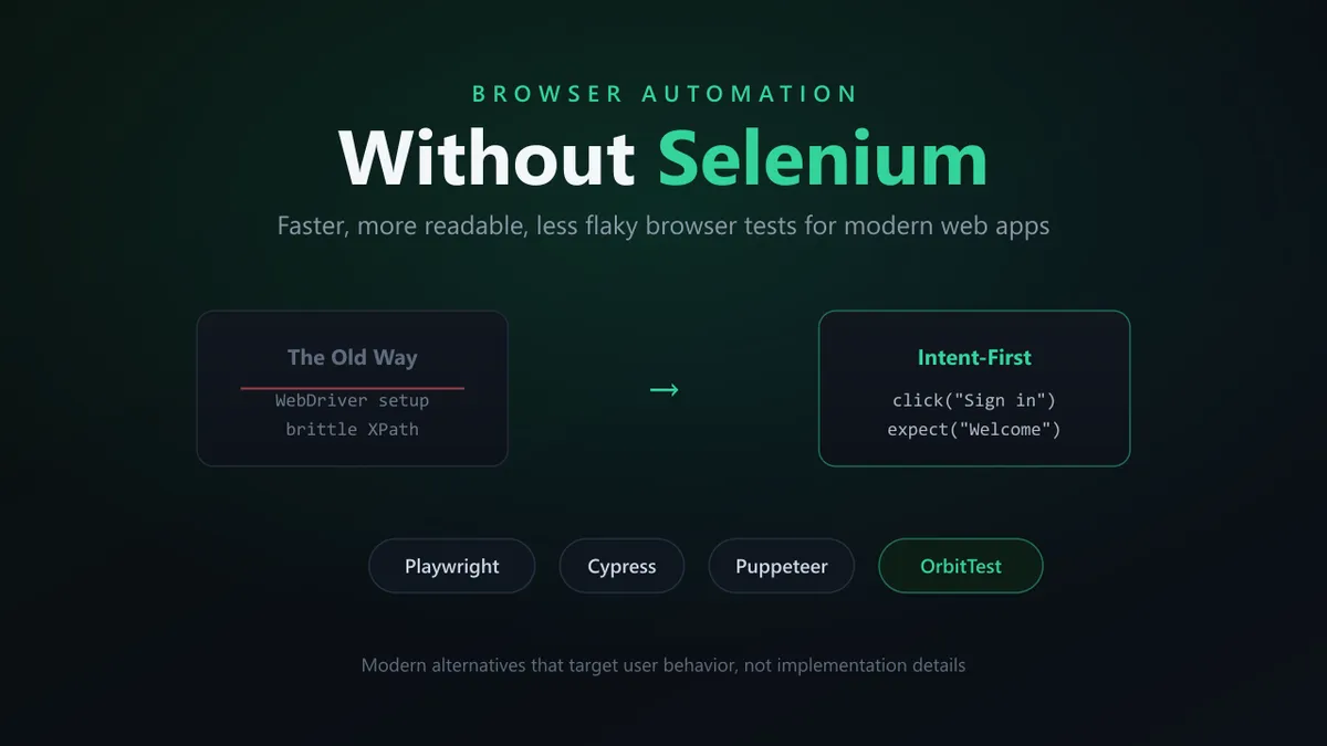 Browser automation without Selenium — moving from brittle WebDriver setups and XPath to intent-first tests, with Playwright, Cypress, Puppeteer, and OrbitTest