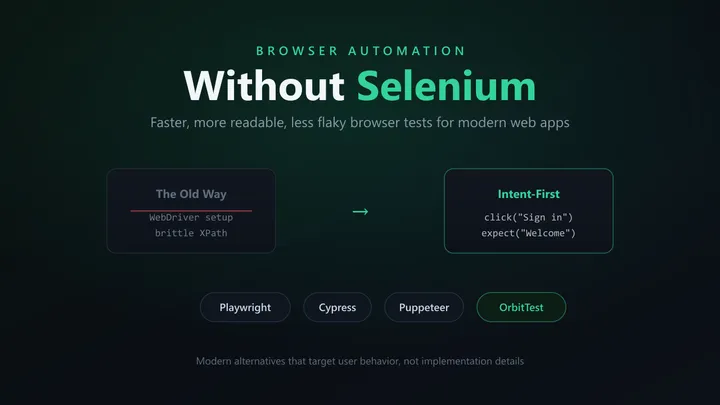 Browser automation without Selenium — moving from brittle WebDriver setups and XPath to intent-first tests, with Playwright, Cypress, Puppeteer, and OrbitTest
