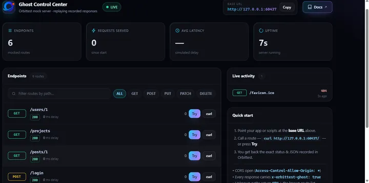 Orbittest Client running the Ghost Mock Server to replay recorded API responses from a local endpoint