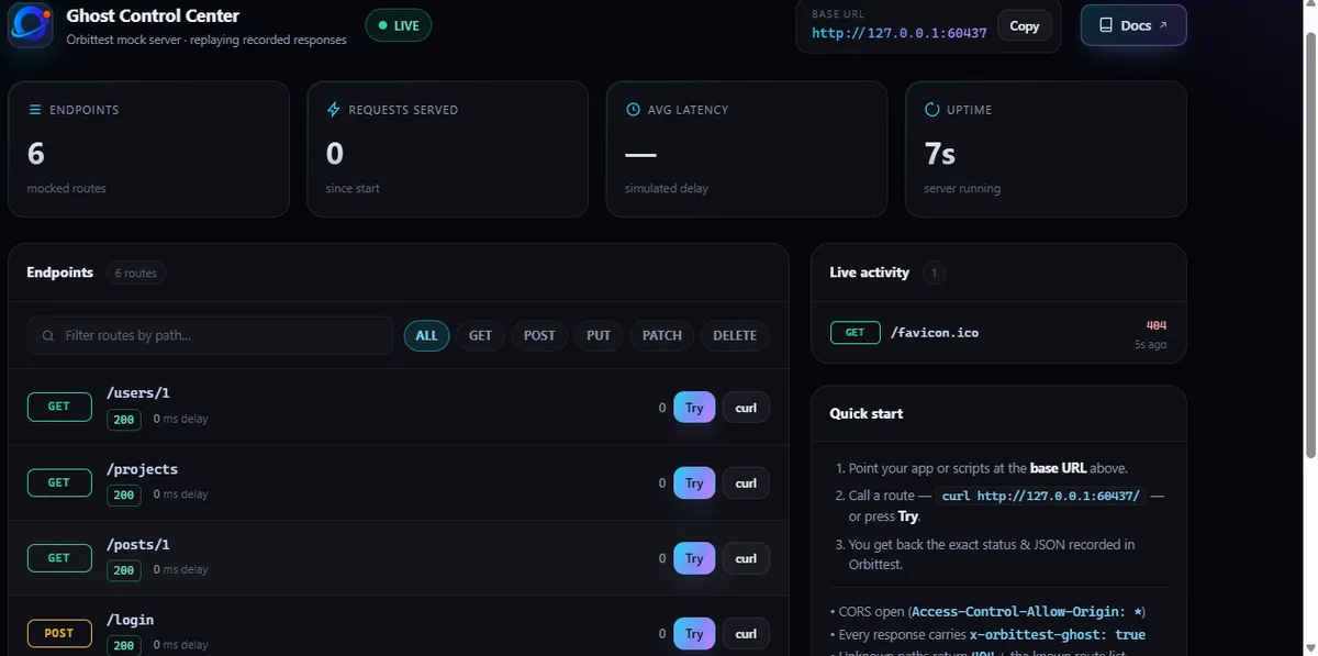 Orbittest Client running the Ghost Mock Server to replay recorded API responses from a local endpoint