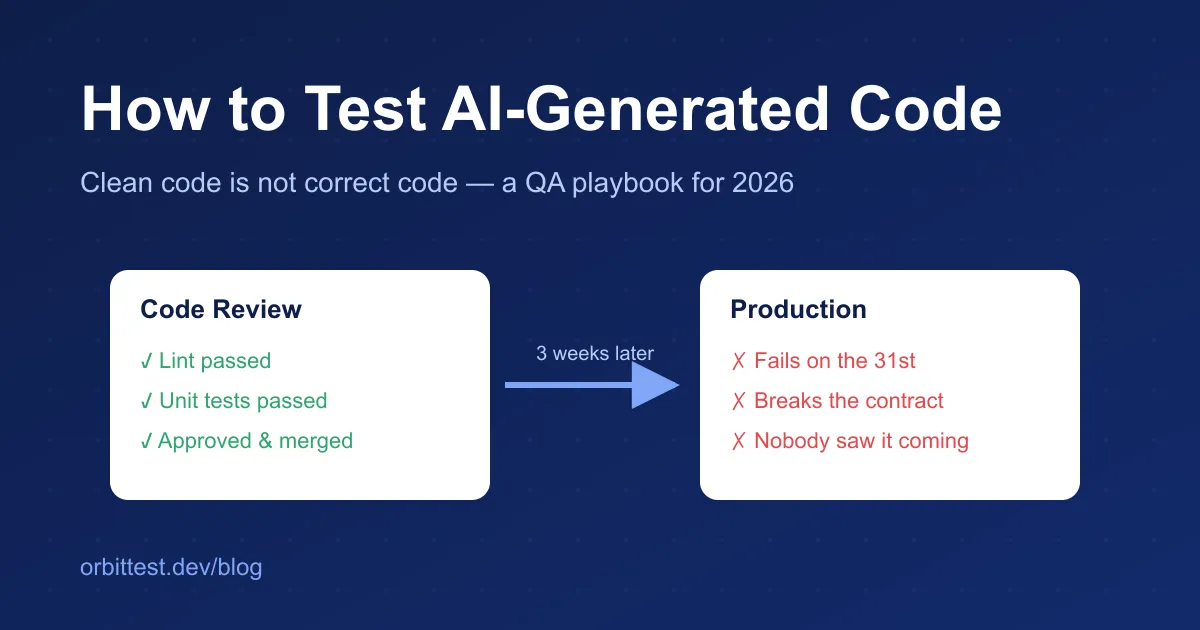 Diagram showing AI-generated code passing code review with lint and unit tests green, then failing in production three weeks later with boundary and contract failures