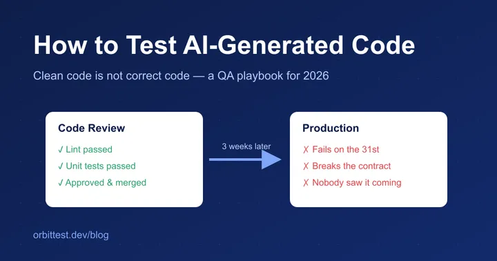 Diagram showing AI-generated code passing code review with lint and unit tests green, then failing in production three weeks later with boundary and contract failures