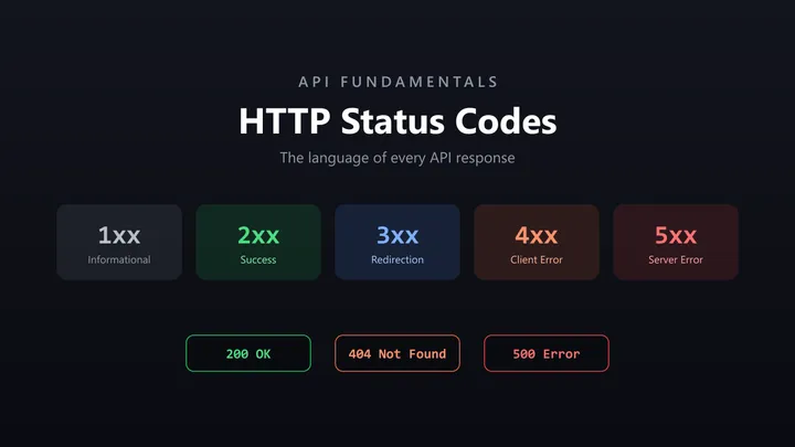 The five HTTP status code categories — 1xx, 2xx, 3xx, 4xx, 5xx — with example responses like 200 OK, 404 Not Found, and 500 Error