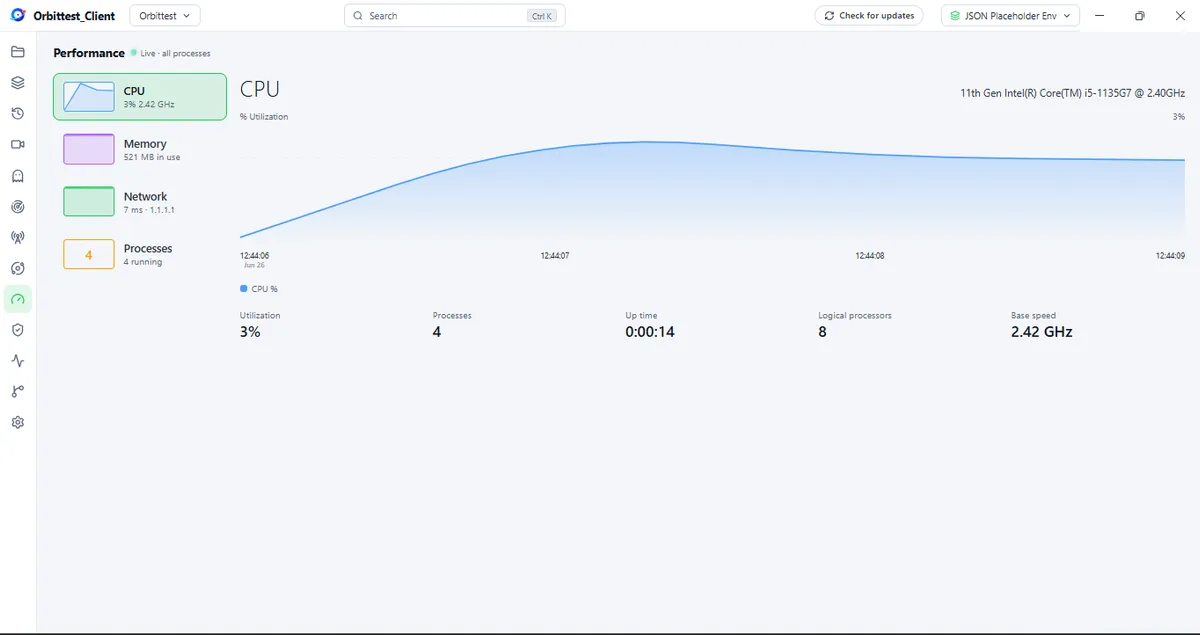 Orbittest Client v1.2.0 Performance monitor showing a live CPU utilization chart, logical processors, base speed, and app uptime