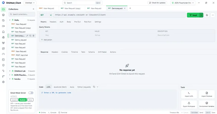 Orbittest Client main window — collections sidebar, request builder with Params/Headers/Auth/Body/Pre-Run/Post-Run tabs, response panel with Tests, Schema, and Drift Radar, code generation with import/export tools, the Ghost Mock Server latency controls, and the integrated terminal