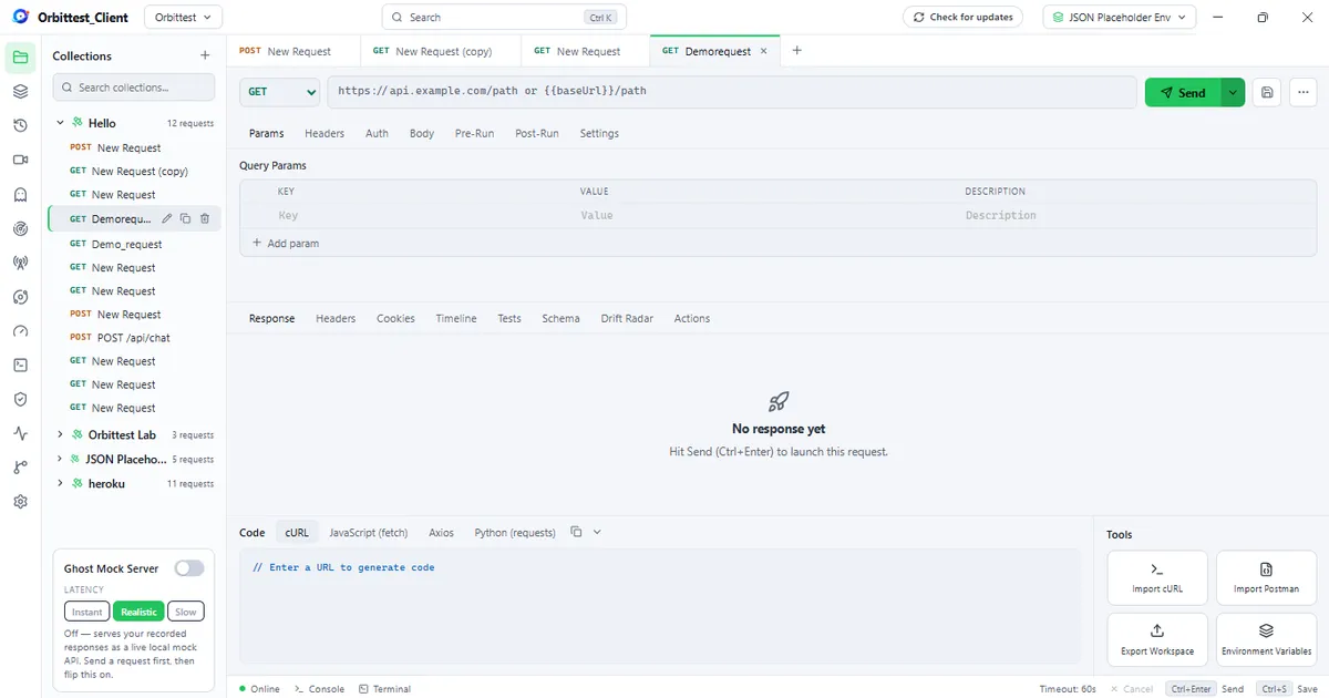 Orbittest Client main window — collections sidebar, request builder with Params/Headers/Auth/Body/Pre-Run/Post-Run tabs, response panel with Tests, Schema, and Drift Radar, code generation with import/export tools, the Ghost Mock Server latency controls, and the integrated terminal