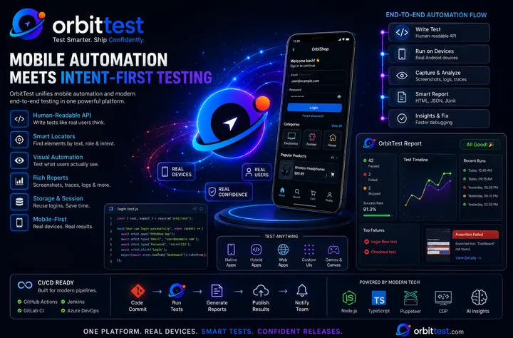 OrbitTest Studio Android testing workspace with device mirror, UI inspector, logs, and editor