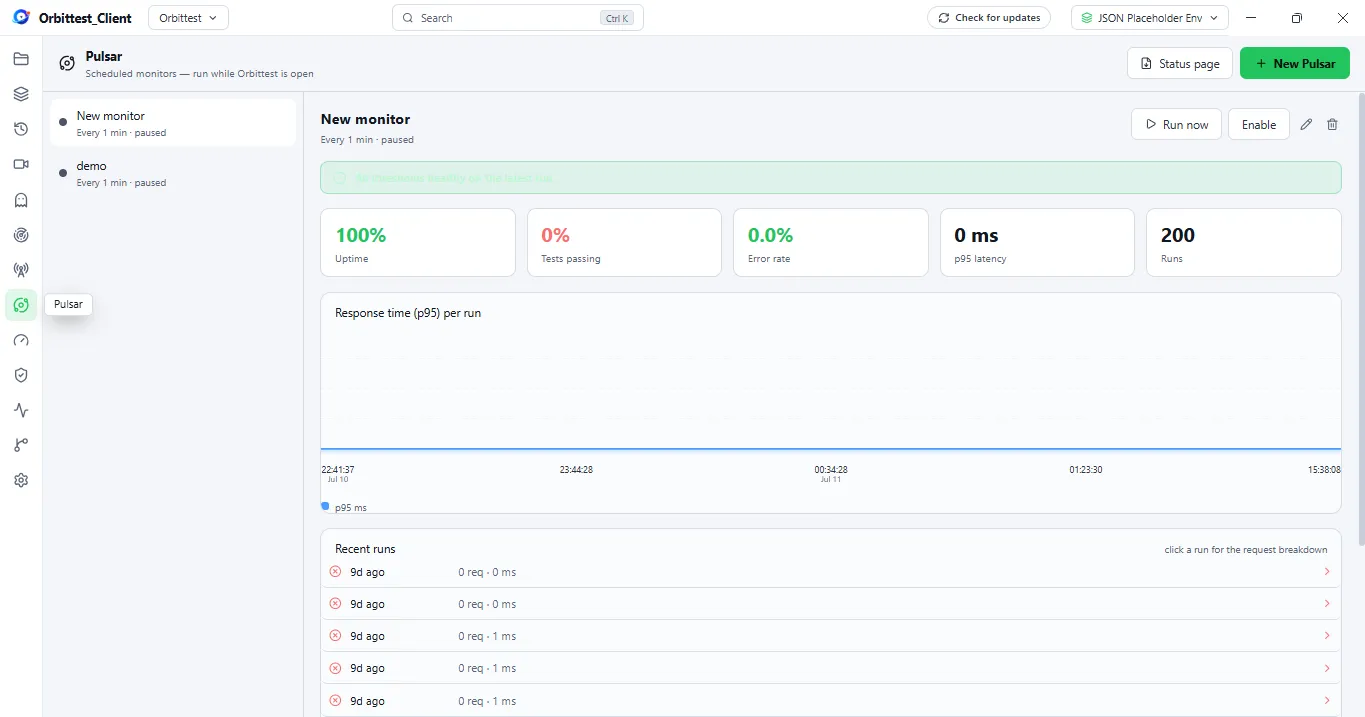 Orbittest Client Pulsar — a scheduled monitor showing uptime, tests passing, error rate, and p95 latency tiles, a response-time chart, and a list of recent runs