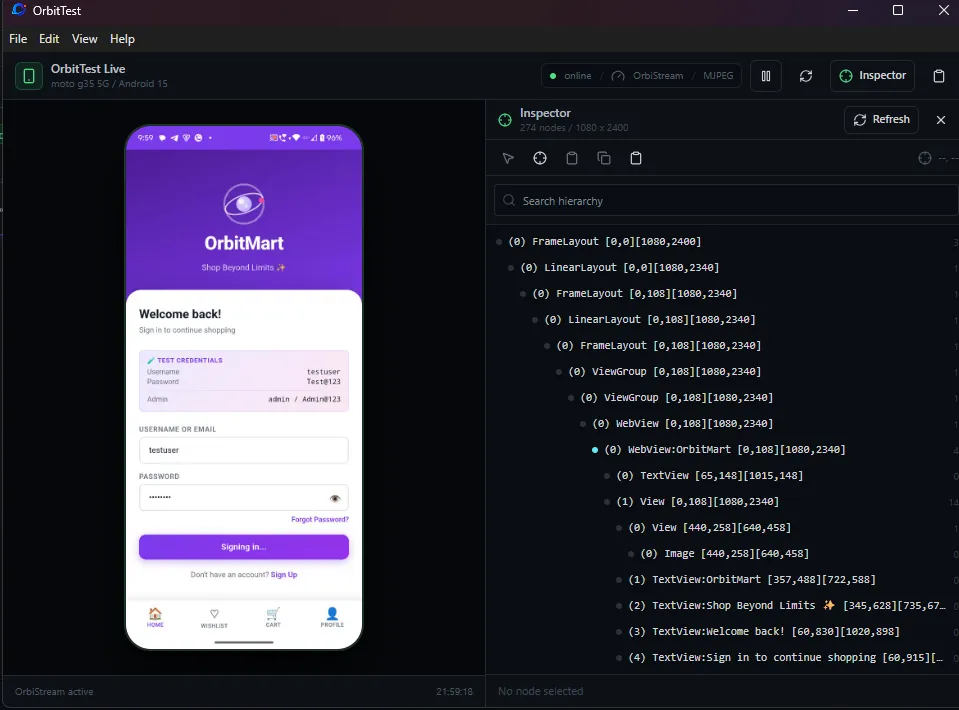 OrbitTest Studio mobile device mirror used for Android QA evidence